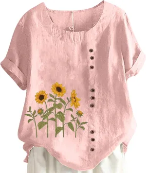 Vintage Shirts for Women 2025 Fashion Short Sleeve Crewneck Cotton Linen Tops Summer Causal Floral Print Boho Blouse