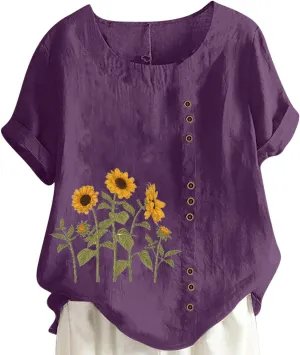 Vintage Shirts for Women 2025 Fashion Short Sleeve Crewneck Cotton Linen Tops Summer Causal Floral Print Boho Blouse