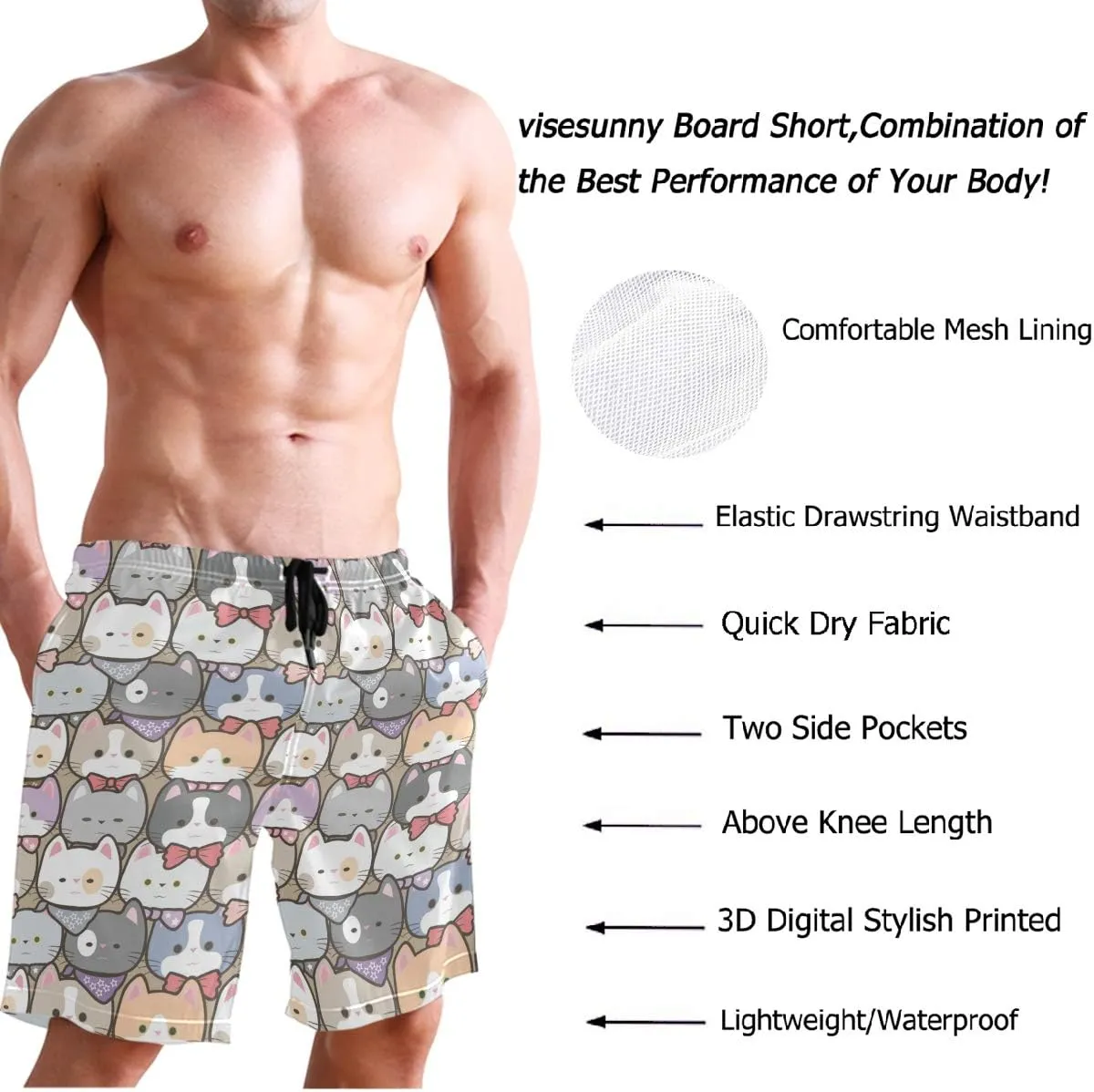 visesunny Men's Novelty Beach Shorts Quick Dry Swimwear Sports Running Swim Board Shorts