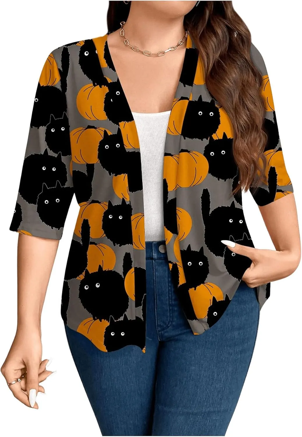 WDIRARA Women's Plus Size Lightweight Open Front Cardigan Casual Half Sleeve Kimono Cardigans