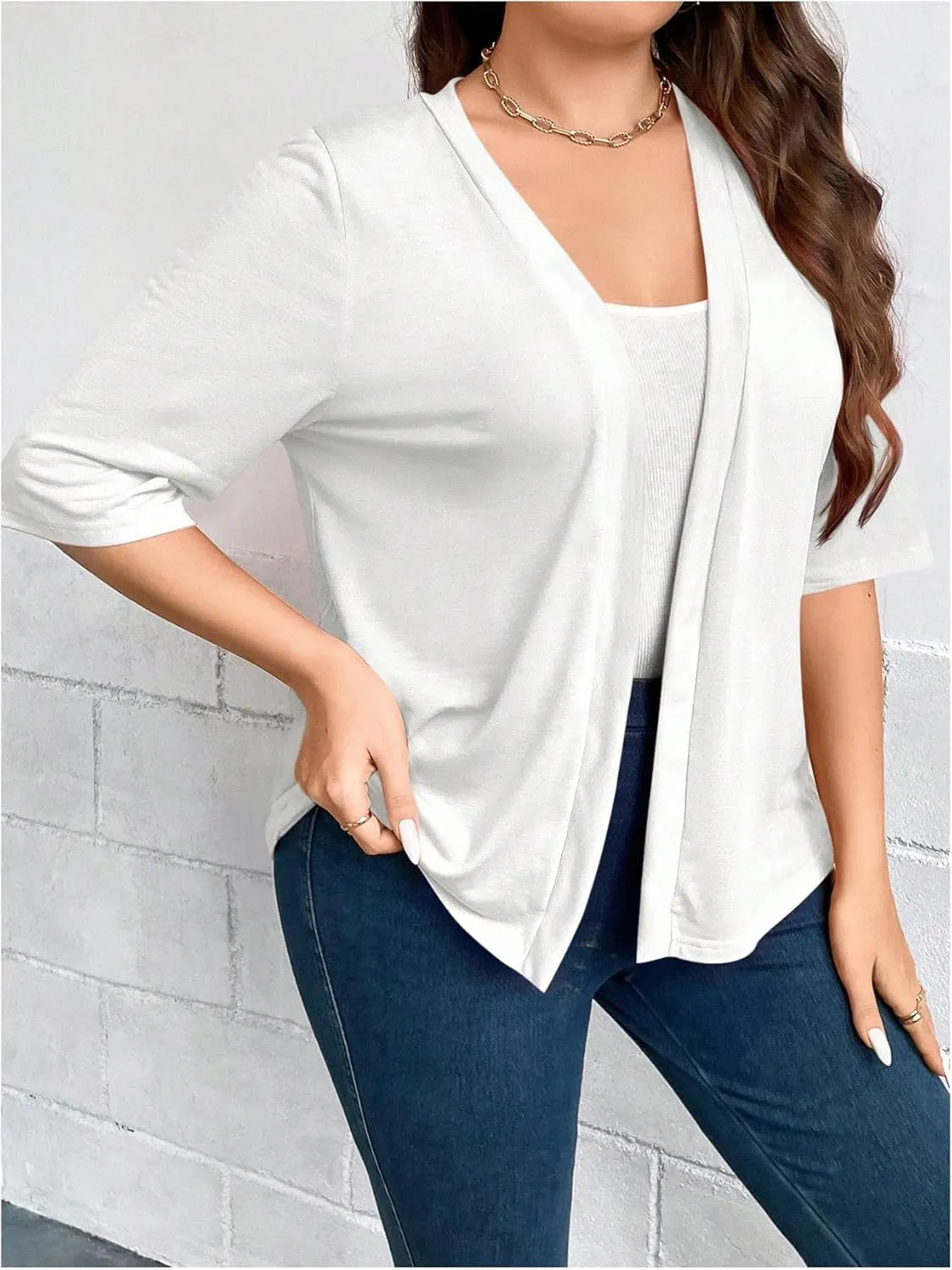 WDIRARA Women's Plus Size Lightweight Open Front Cardigan Casual Half Sleeve Kimono Cardigans