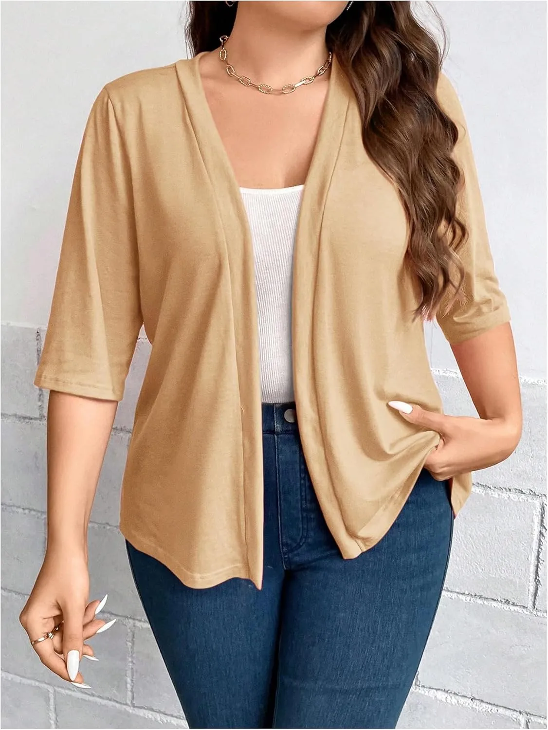 WDIRARA Women's Plus Size Lightweight Open Front Cardigan Casual Half Sleeve Kimono Cardigans