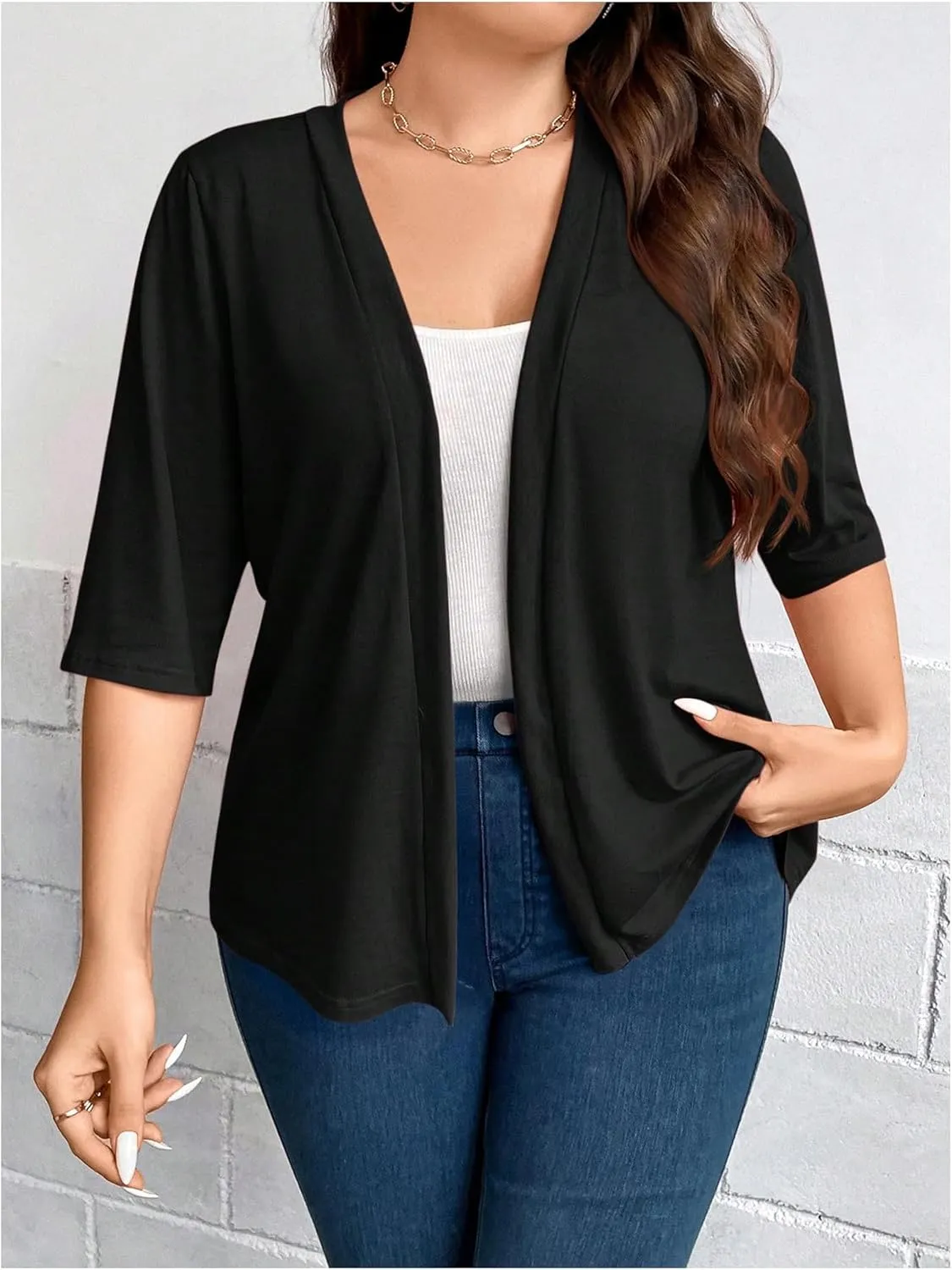 WDIRARA Women's Plus Size Lightweight Open Front Cardigan Casual Half Sleeve Kimono Cardigans