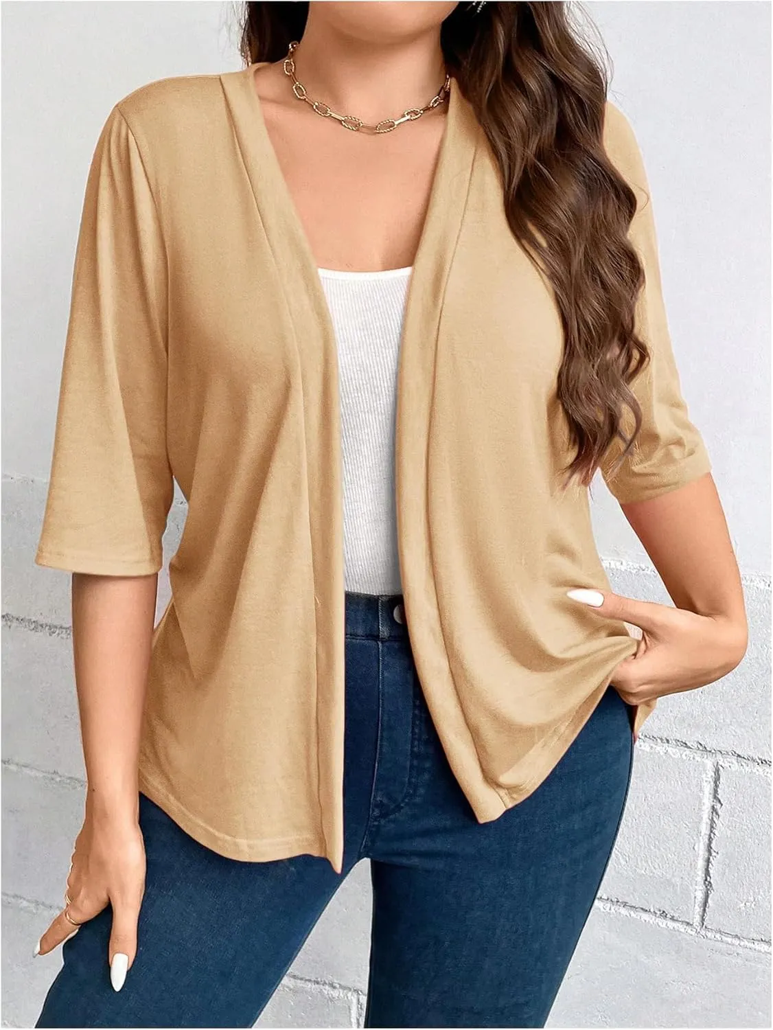 WDIRARA Women's Plus Size Lightweight Open Front Cardigan Casual Half Sleeve Kimono Cardigans