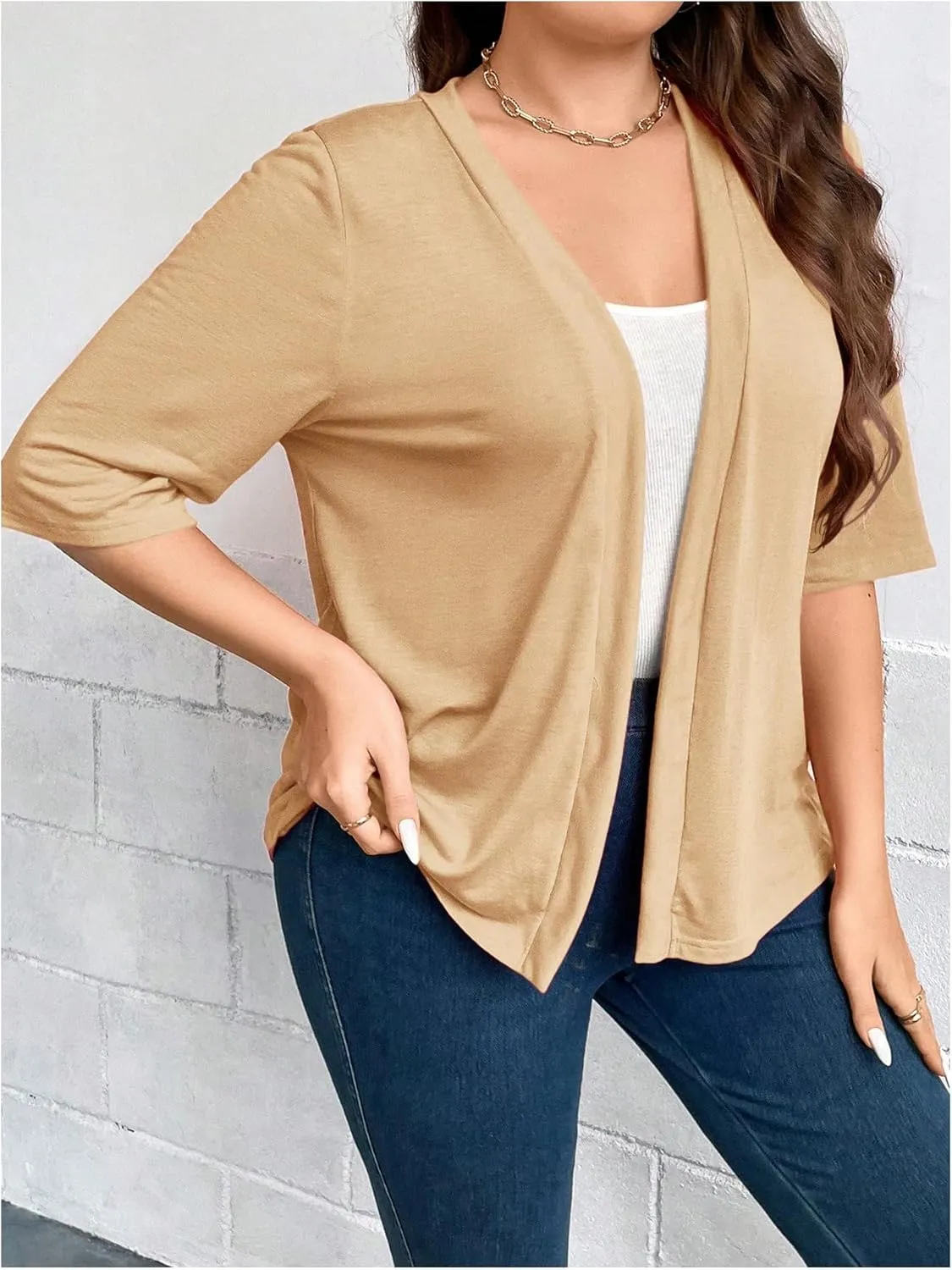 WDIRARA Women's Plus Size Lightweight Open Front Cardigan Casual Half Sleeve Kimono Cardigans