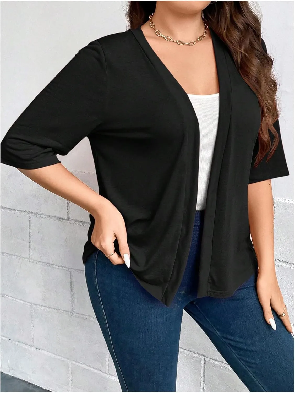 WDIRARA Women's Plus Size Lightweight Open Front Cardigan Casual Half Sleeve Kimono Cardigans
