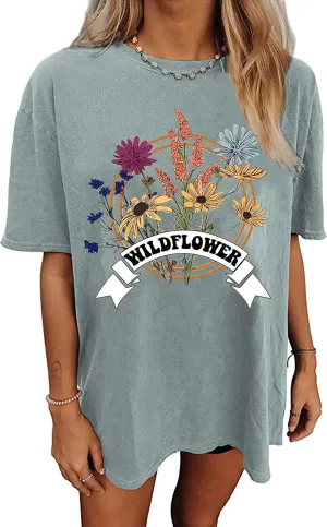 Wildflowers Oversized T-Shirt Women Oversized Floral T Shirts Flower Plant Shirts Summer Plant T-Shirt
