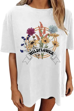 Wildflowers Oversized T-Shirt Women Oversized Floral T Shirts Flower Plant Shirts Summer Plant T-Shirt