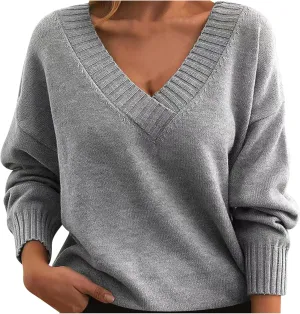 Wkishenl Womens Fall Sweater Long Sleeve V-Neck Knit Pullover Blouse Trendy Dressy Tops Business Casual Outfit Fashion 2024