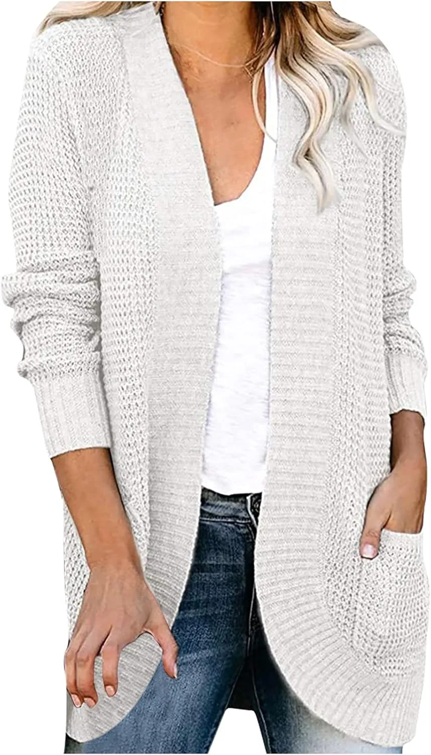 Wkishenl Womens Loose Open Front Cardigan Long Sleeve Chunky Coat Casual Lightweight Soft Knit Sweaters Outwear with Pockets