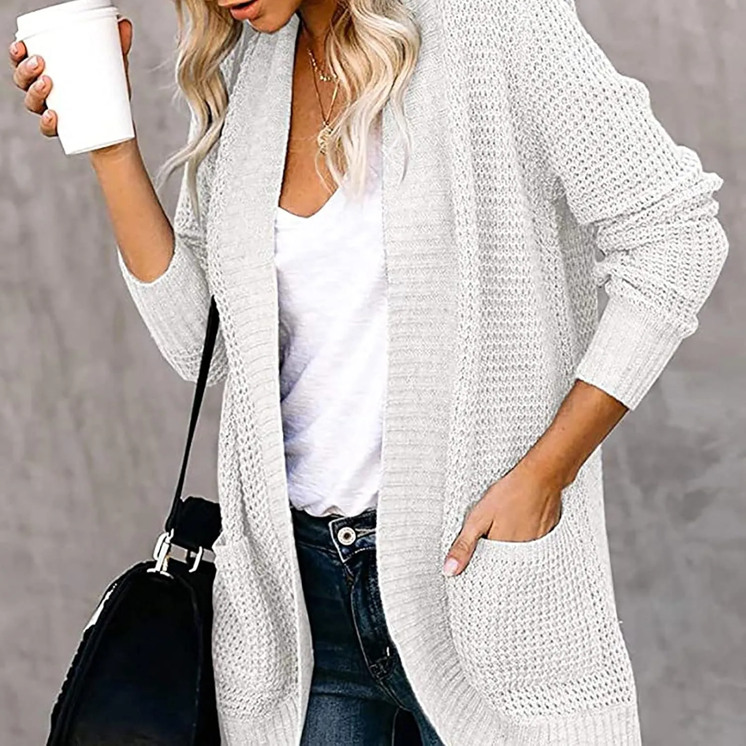 Wkishenl Womens Loose Open Front Cardigan Long Sleeve Chunky Coat Casual Lightweight Soft Knit Sweaters Outwear with Pockets