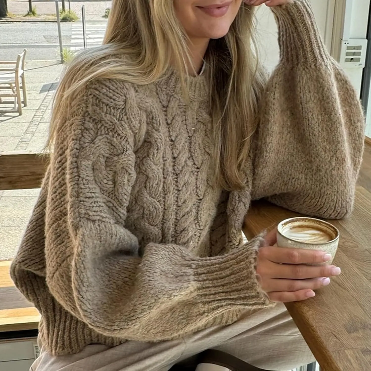 Women Cable Knit Sweaters Crewneck Long Sleeve Chunky Knit Sweater Clean Girl Aesthetic Oversized Pullover Jumper Tops
