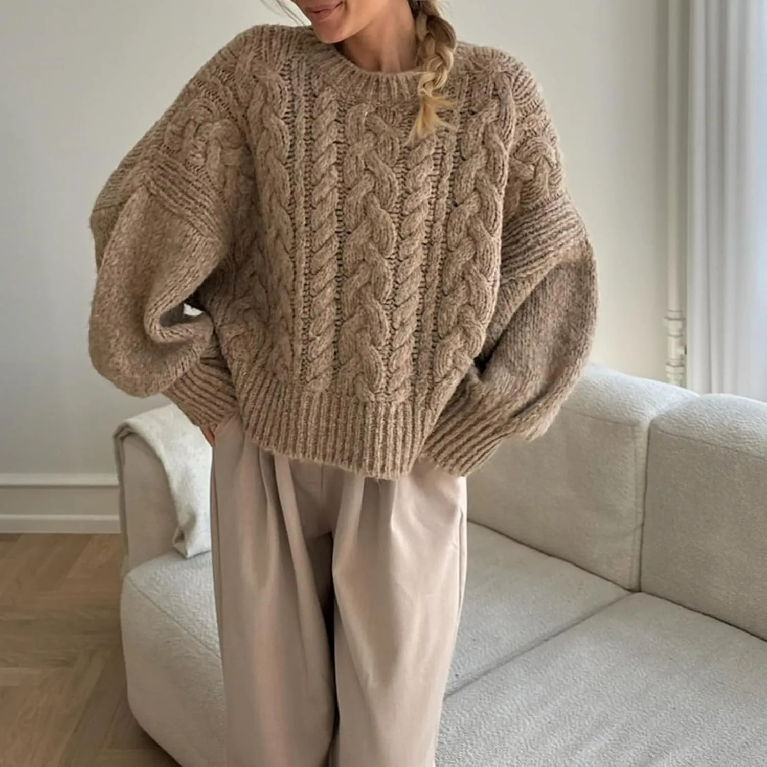 Women Cable Knit Sweaters Crewneck Long Sleeve Chunky Knit Sweater Clean Girl Aesthetic Oversized Pullover Jumper Tops