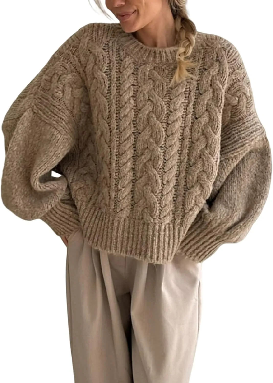 Women Cable Knit Sweaters Crewneck Long Sleeve Chunky Knit Sweater Clean Girl Aesthetic Oversized Pullover Jumper Tops