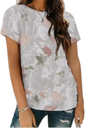 Women Camo T-Shirt Maple-Leaf Print Summer Tops Casual Oversized Short Sleeve Crewneck Shirt Graphic Tees Streetwear
