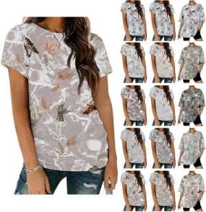 Women Camo T-Shirt Maple-Leaf Print Summer Tops Casual Oversized Short Sleeve Crewneck Shirt Graphic Tees Streetwear