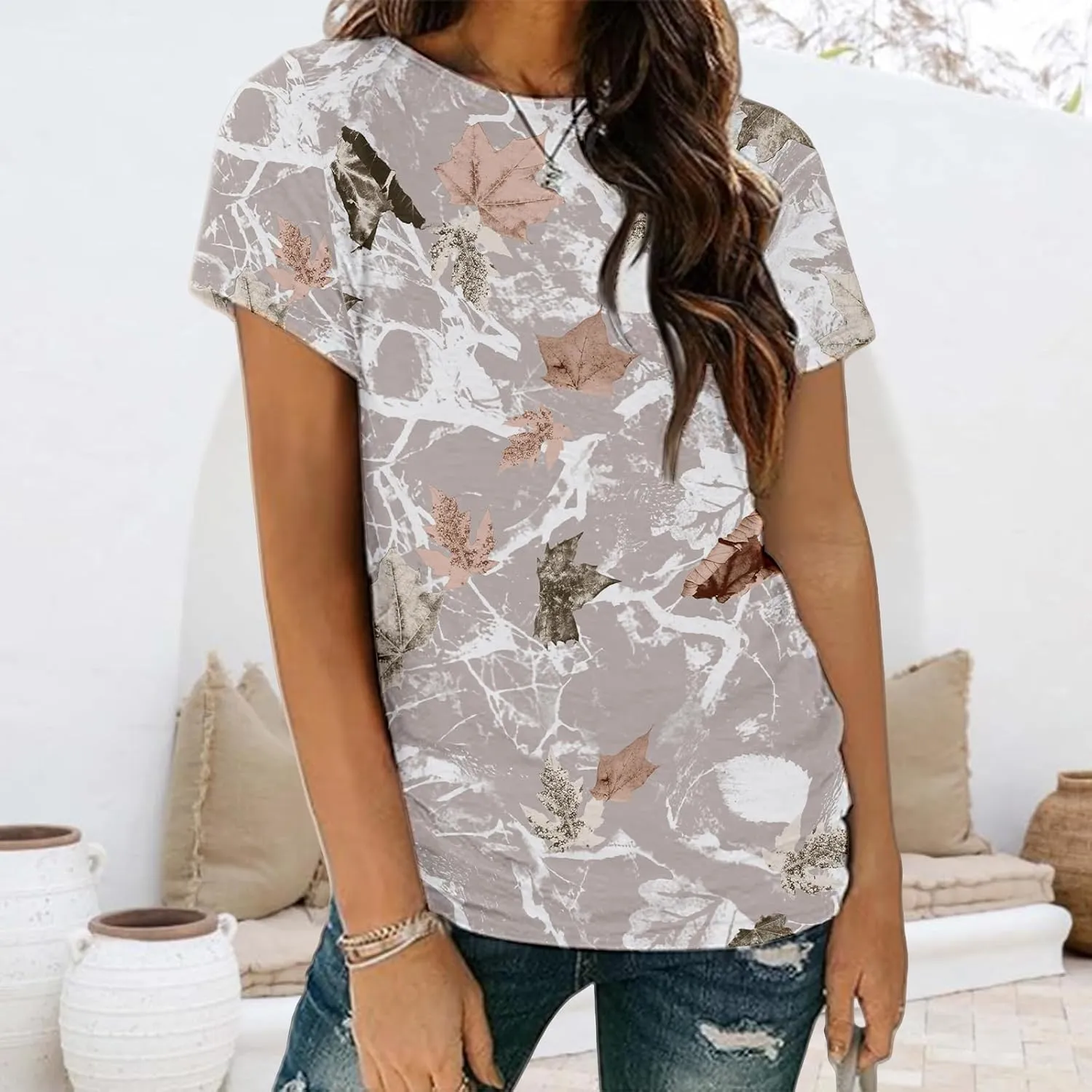Women Camo T-Shirt Maple-Leaf Print Summer Tops Casual Oversized Short Sleeve Crewneck Shirt Graphic Tees Streetwear