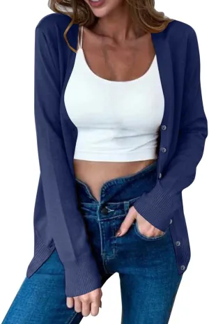 Women Cardigan Sweater Lightweight Solid Open Front Button Down Cardigan Slim Fit Long Sleeve Causal Knit Cardigan