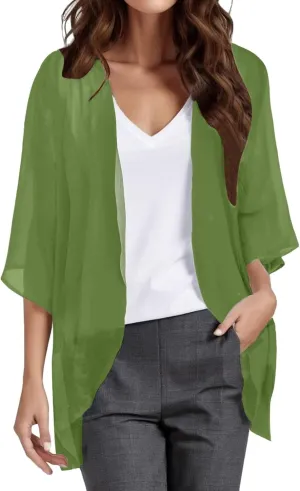 Women Chiffon Kimono Cardigan,Dressy 3/4 Sleeve Chiffon Open Front Lightweight Summer Blouse Tops,Sheer Beach Cover Up