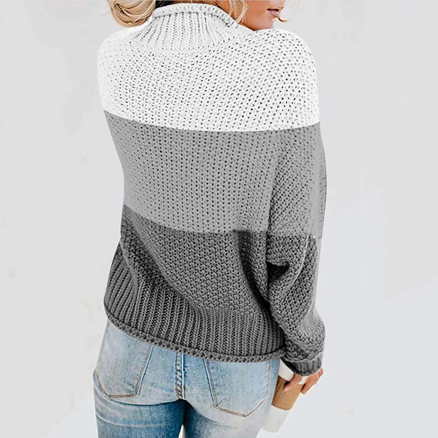 Women Fashion Chunky Knit Sweaters Striped Mock Neck Pullover Tops Loose Color Matching Long Sleeve Sweaters