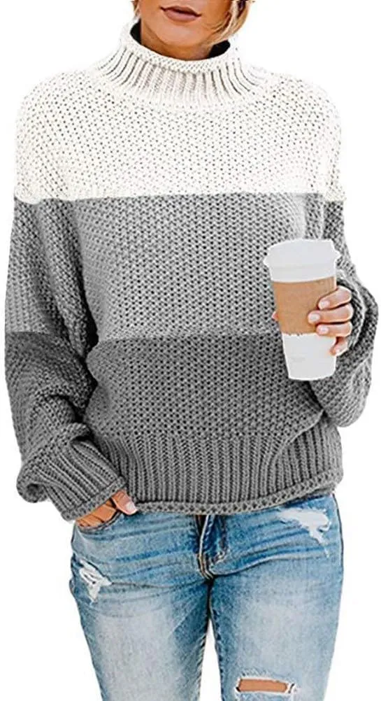 Women Fashion Chunky Knit Sweaters Striped Mock Neck Pullover Tops Loose Color Matching Long Sleeve Sweaters