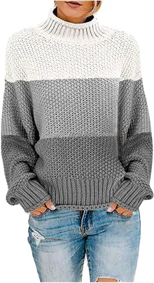 Women Fashion Chunky Knit Sweaters Striped Mock Neck Pullover Tops Loose Color Matching Long Sleeve Sweaters