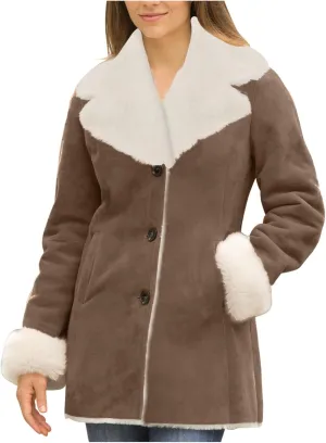 Women Fleece Suede Coat Fuzzy Lined Notched Lapel Long Sleeve Jacket 2024 Winter Trendy Button Outwear With Pockets