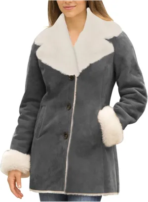 Women Fleece Suede Coat Fuzzy Lined Notched Lapel Long Sleeve Jacket 2024 Winter Trendy Button Outwear With Pockets