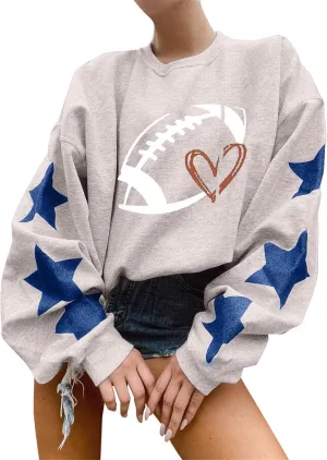 Women Game Day Sweatshirt Ladies' Round Neck Long Sleeved Printed Solid Color Cute Football Graphic