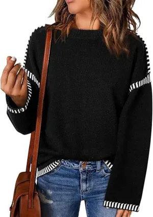 Women Knitted Sweater Chunky Y2k Drop Shoulder Pullover Cute Warm Jumper Crochet Fall Winter Knitted Outfits
