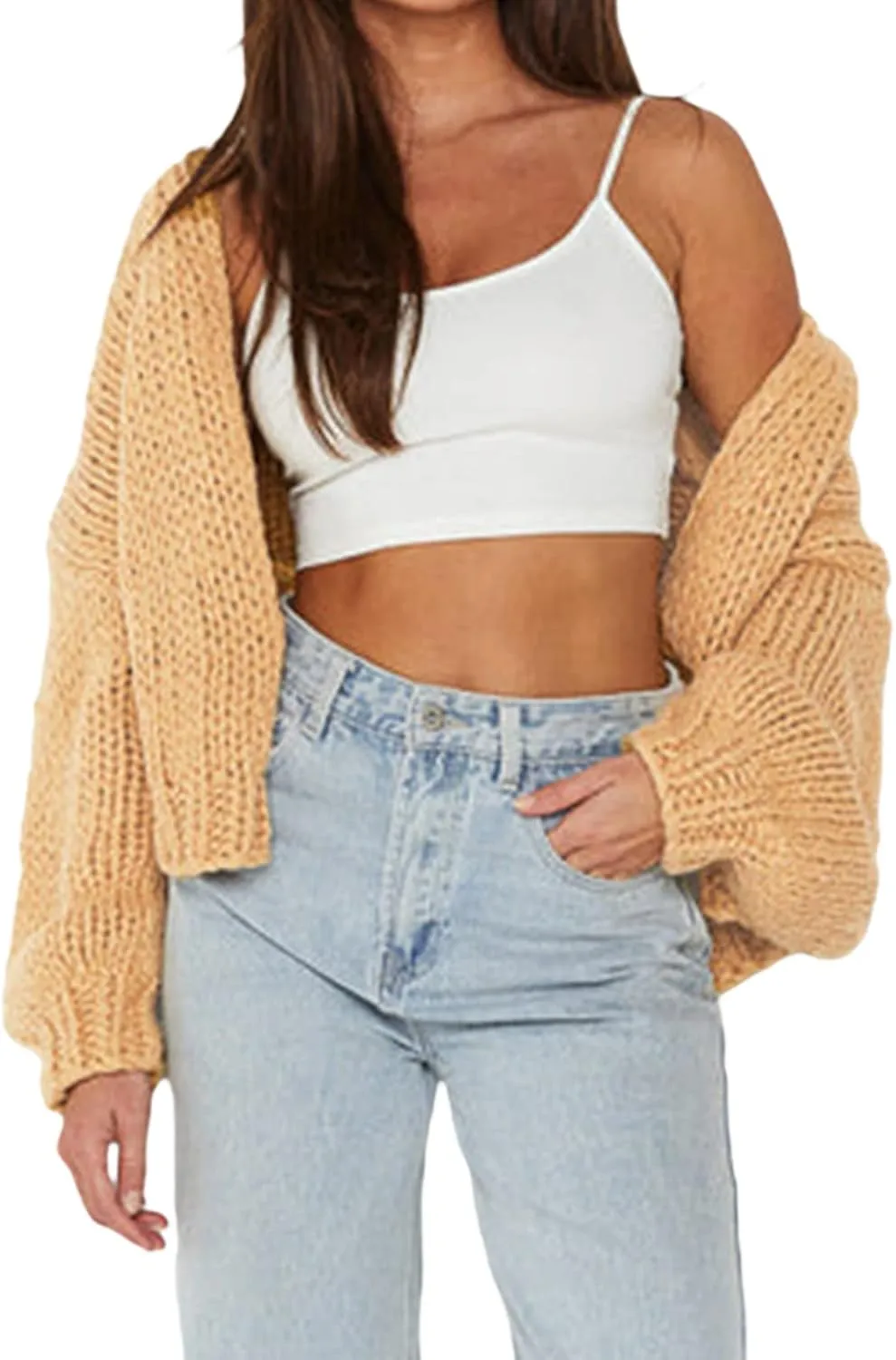 Women Y2k Cable Knit Chunky Cardigan Open Front Long Balloon Sleeve Sweater Oversized Jumper Aesthetic Knitwear