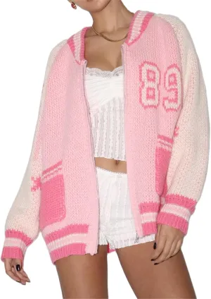 Women Y2k Knit Zip Up Cardigan Oversized Vintage Aesthetic 89 Number Varsity Chunky Knit Sweater Jacket Streetwear