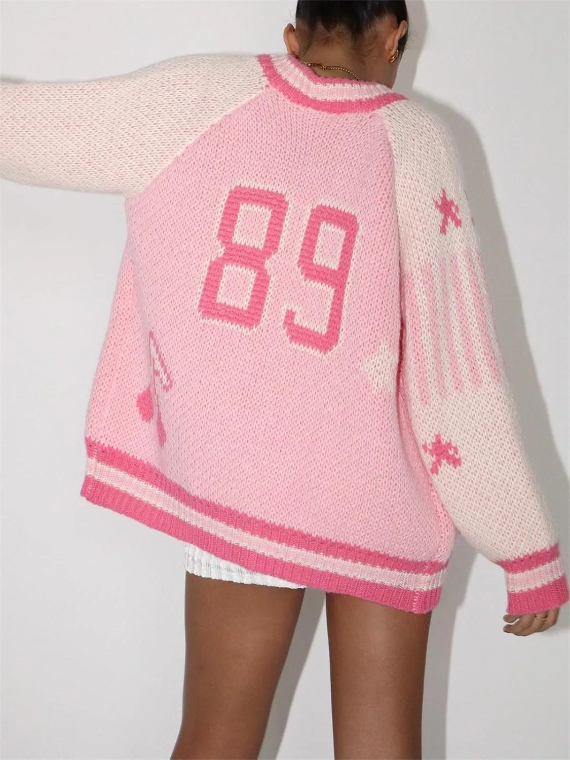Women Y2k Knit Zip Up Cardigan Oversized Vintage Aesthetic 89 Number Varsity Chunky Knit Sweater Jacket Streetwear