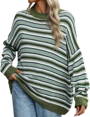 Women Y2K Striped Color Block Pullover Sweater Long Sleeve Round Neck Vintage Knit Pullover Knitwear 90s Sweater