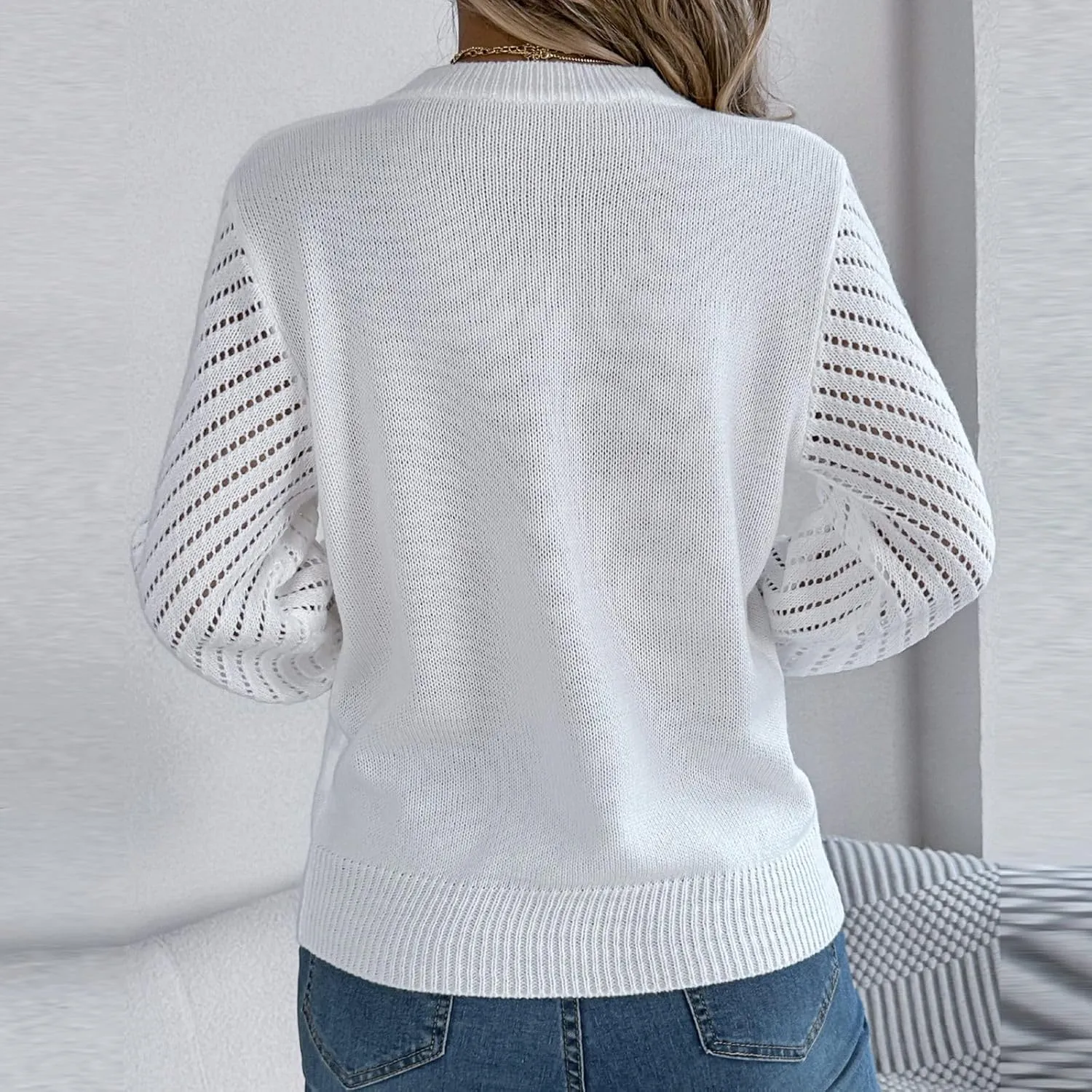 Women's 2024 Fall Long Sleeve Crew Neck Striped Color Block Casual Knitted Pullover Tops Crochet V Neck Sweater Tops