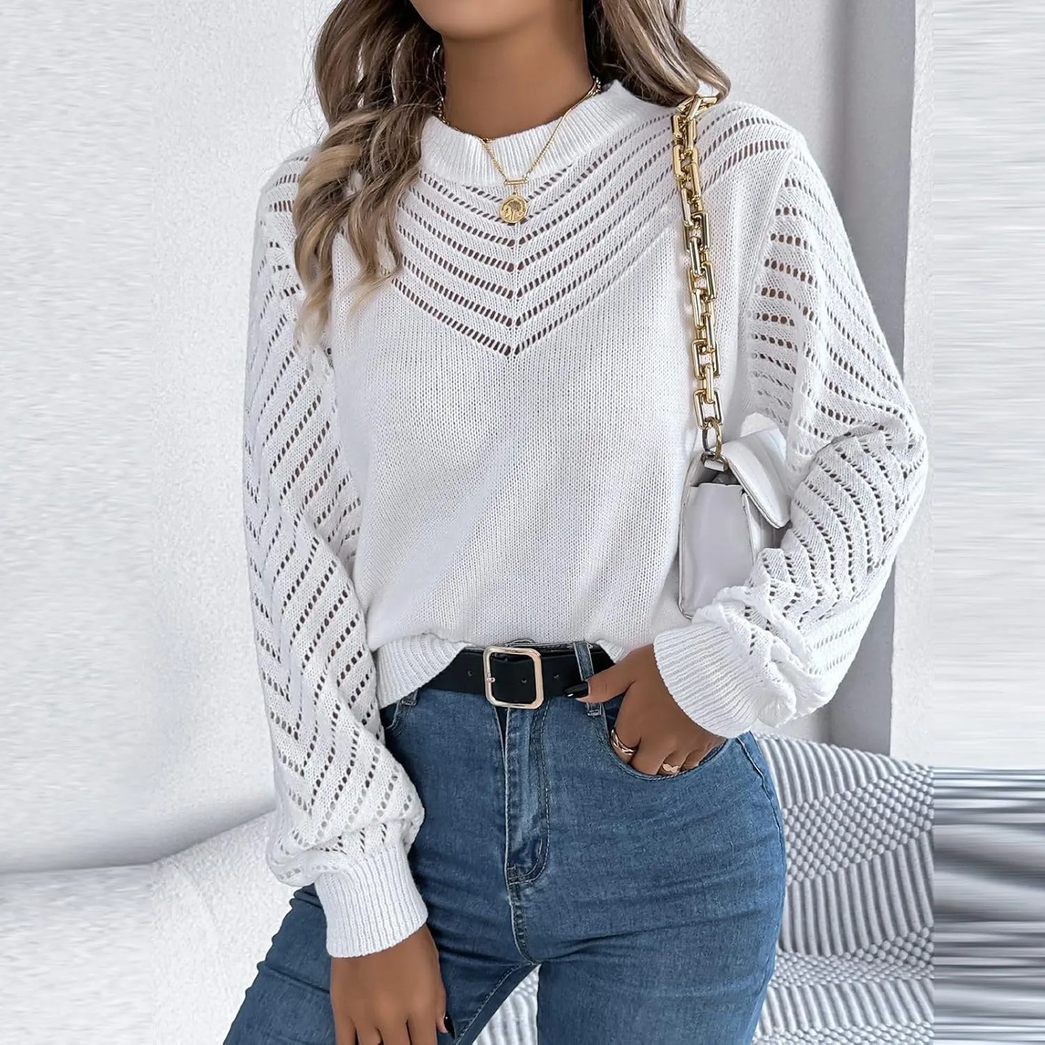 Women's 2024 Fall Long Sleeve Crew Neck Striped Color Block Casual Knitted Pullover Tops Crochet V Neck Sweater Tops