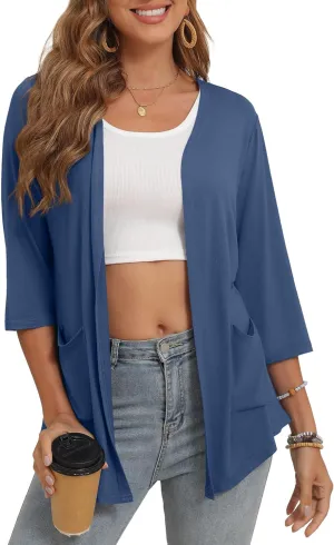 Women's 3/4 Sleeve Open Front Cardigan Casual Loose Lightweight Cardigans with Pockets