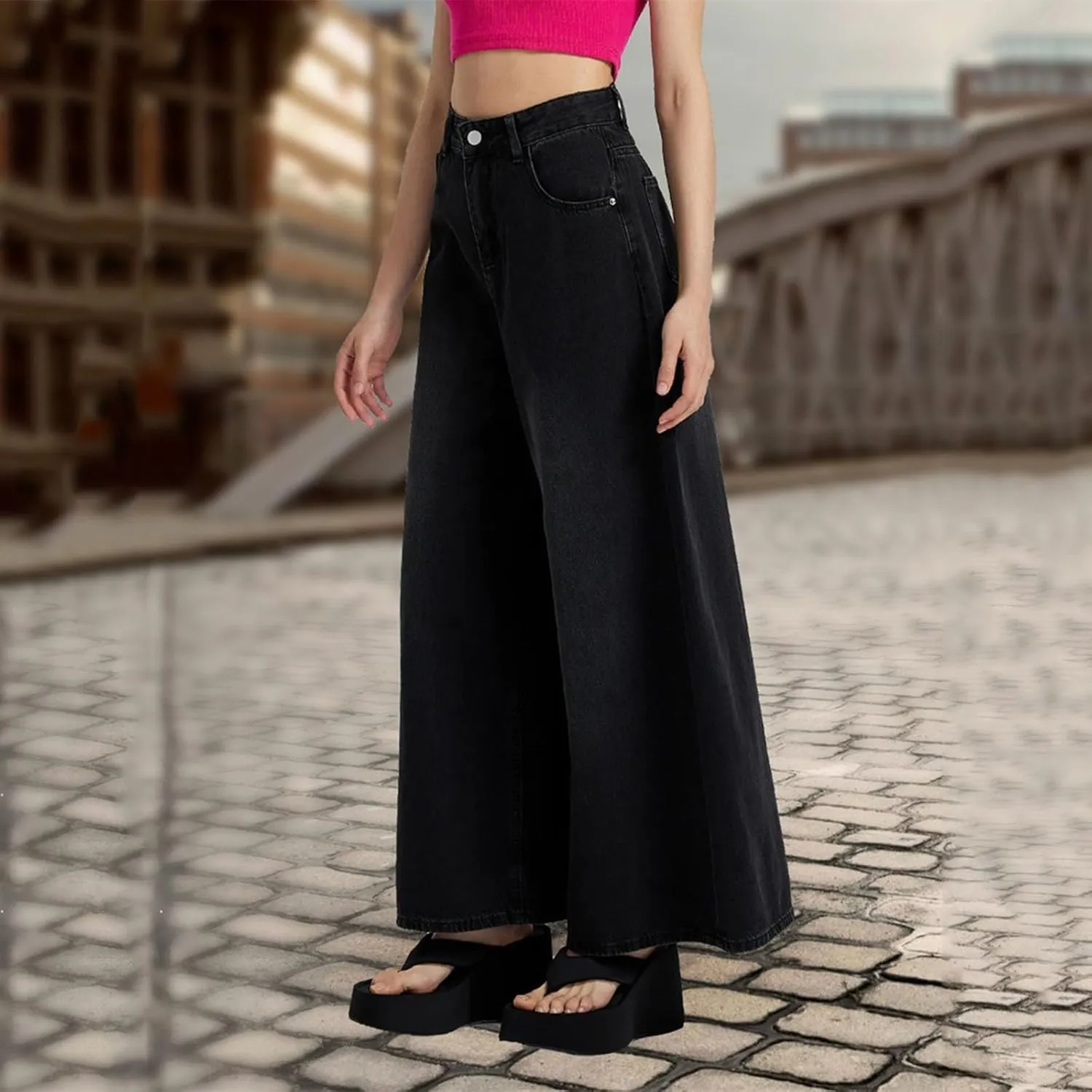 Women's Barrel Jeans Casual High Waisted Stretchy Wide Leg Pants Baggy Denim Pants