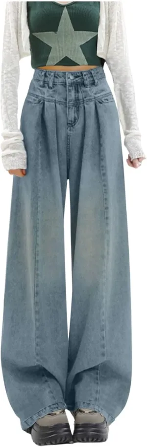 Women's Barrel Jeans Casual High Waisted Stretchy Wide Leg Pants Baggy Denim Pants