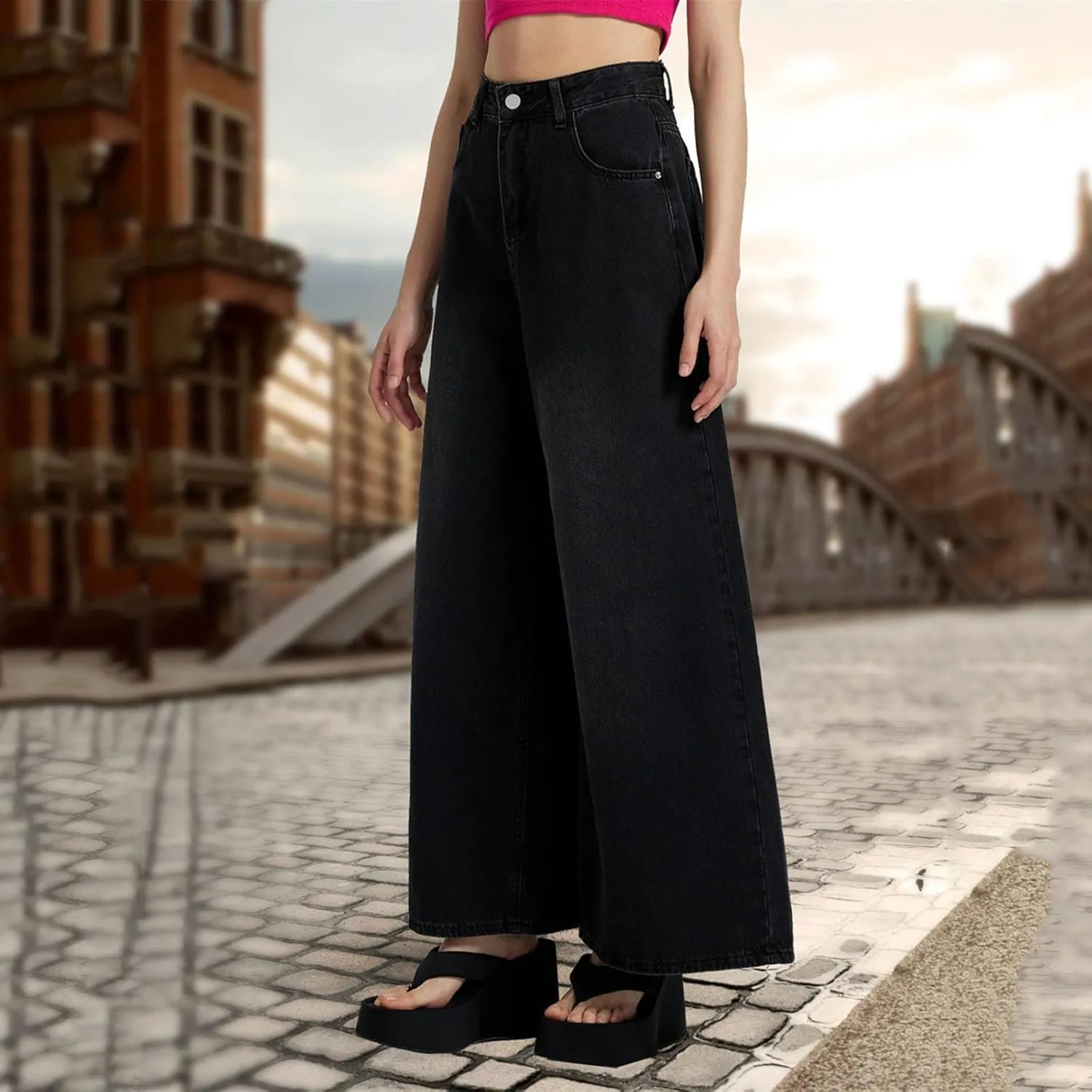 Women's Barrel Jeans Casual High Waisted Stretchy Wide Leg Pants Baggy Denim Pants