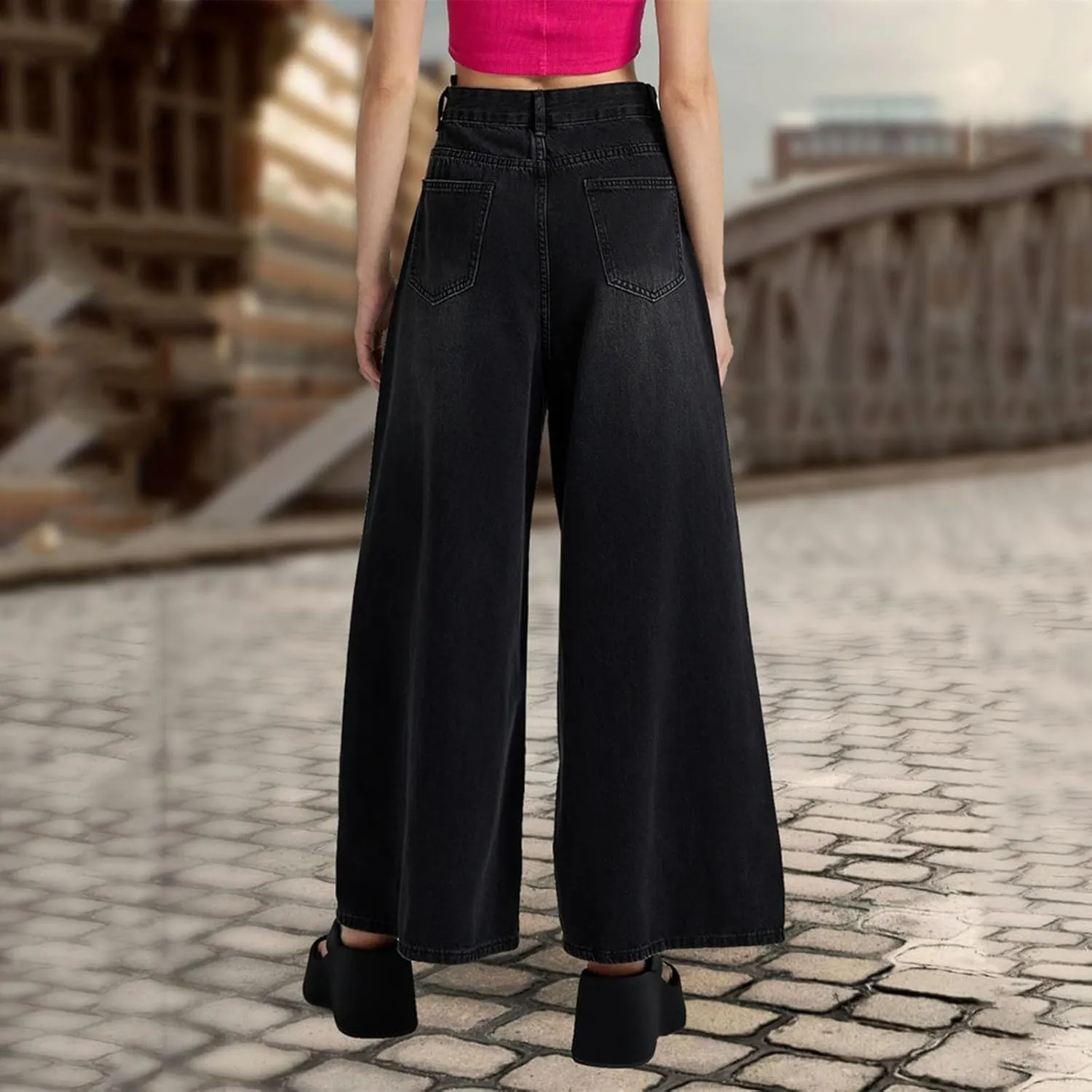 Women's Barrel Jeans Casual High Waisted Stretchy Wide Leg Pants Baggy Denim Pants
