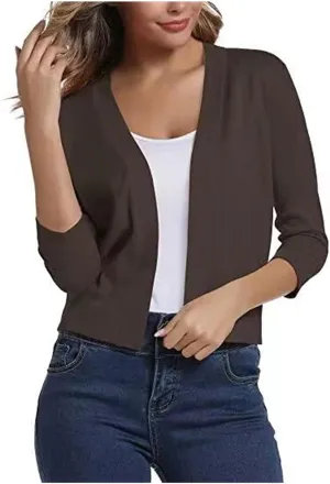 Womens Basic 3/4 Sleeve Open Front Cropped Cardigans Shrug Bolero Knit Sweater Tops Solid Classic Lightweight Coat