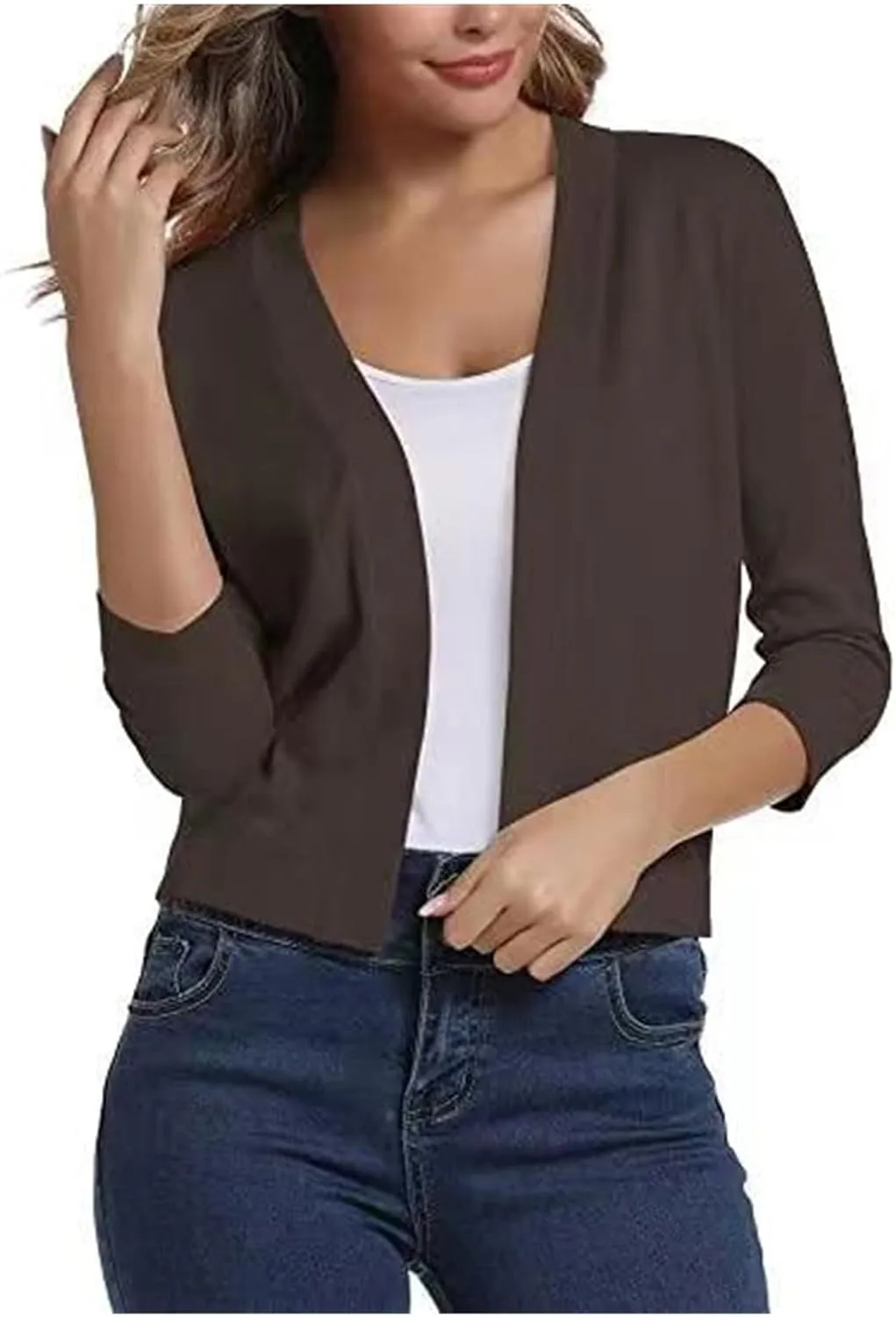 Womens Basic 3/4 Sleeve Open Front Cropped Cardigans Shrug Bolero Knit Sweater Tops Solid Classic Lightweight Coat