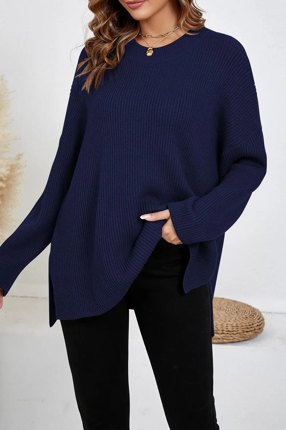 Women's Batwing Long Sleeve Oversized Sweaters Fall Loose Fit Knitted Side Slit Pullover Tops