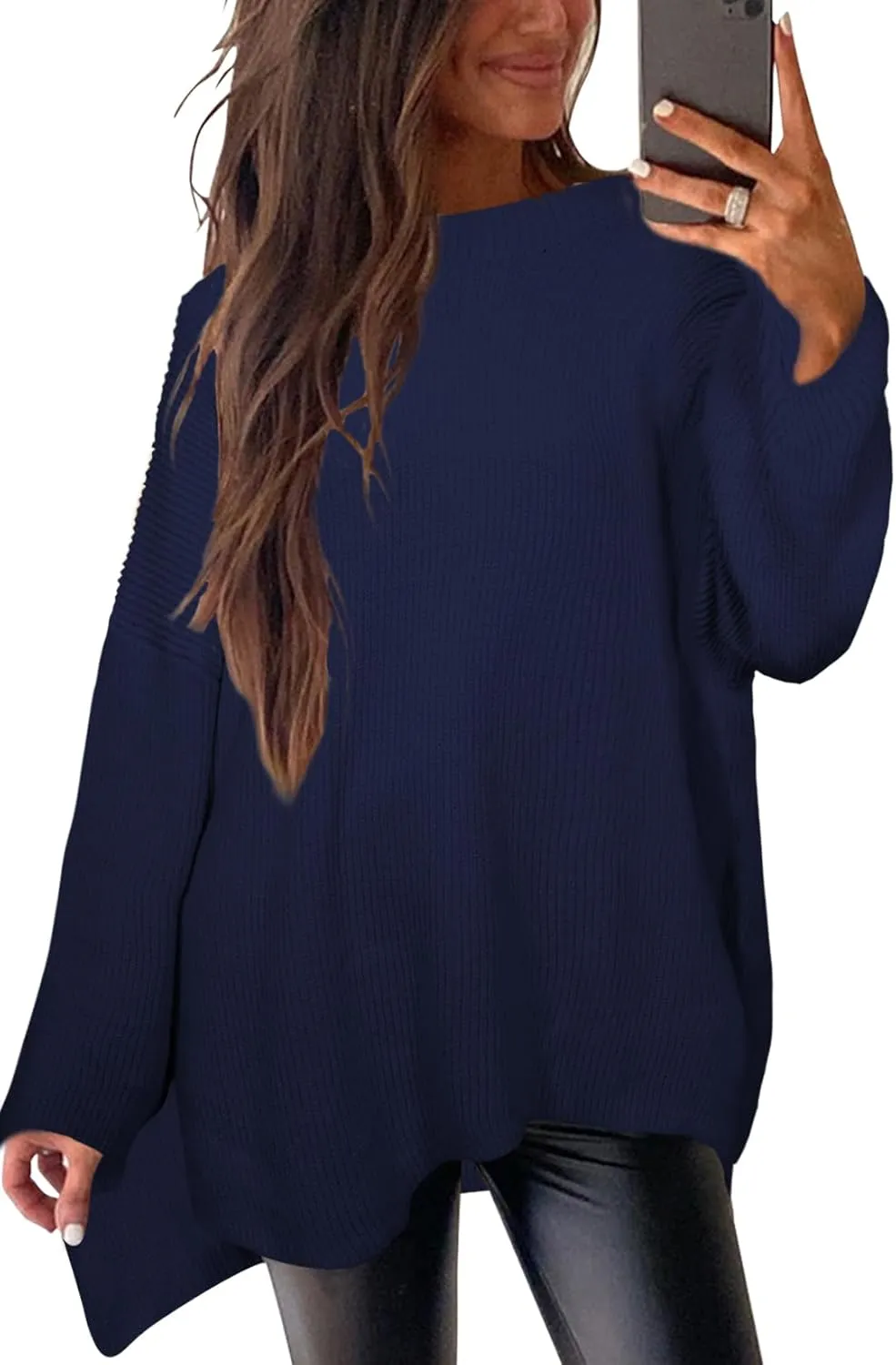 Women's Batwing Long Sleeve Oversized Sweaters Fall Loose Fit Knitted Side Slit Pullover Tops