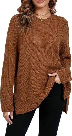 Women's Batwing Long Sleeve Oversized Sweaters Fall Loose Fit Knitted Side Slit Pullover Tops