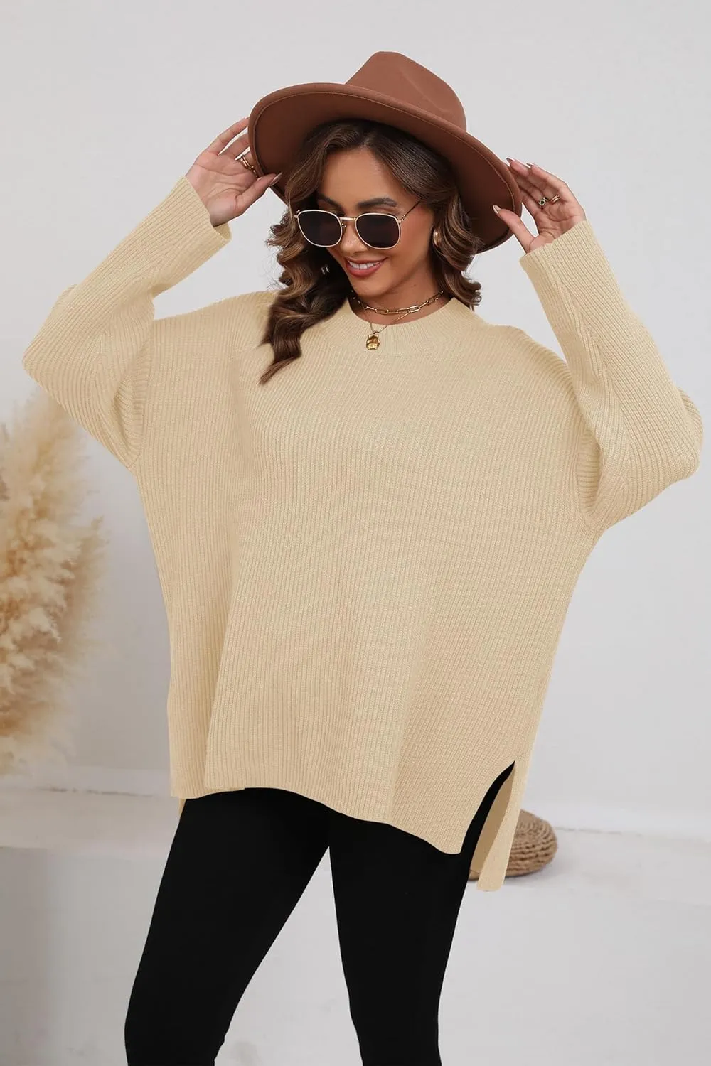 Women's Batwing Long Sleeve Oversized Sweaters Fall Loose Fit Knitted Side Slit Pullover Tops