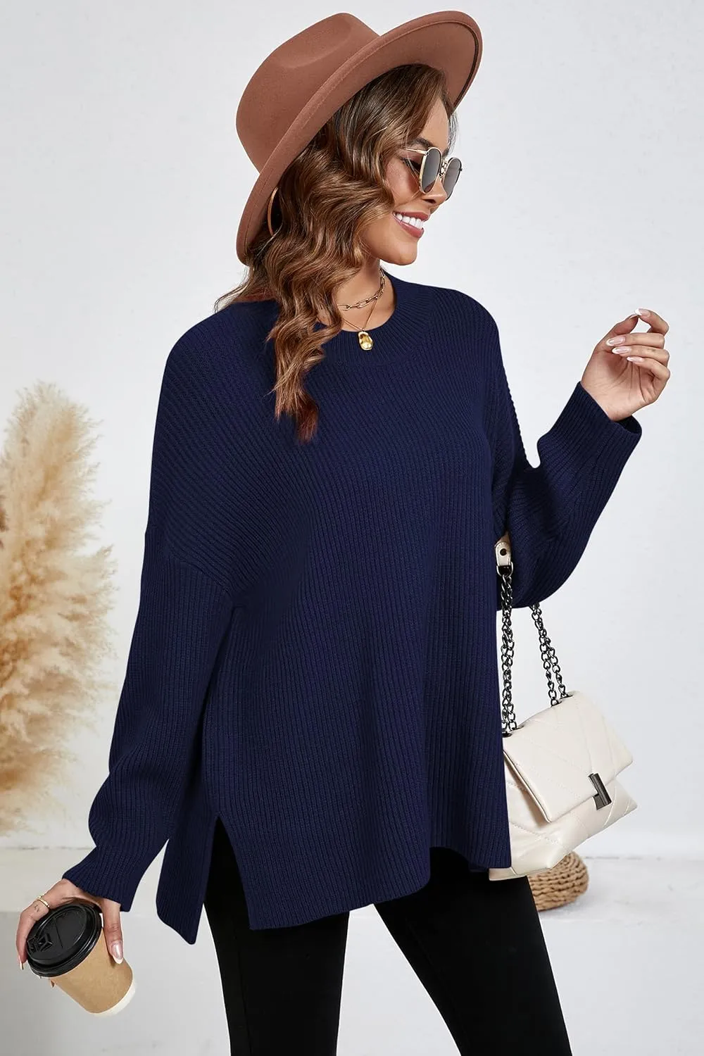 Women's Batwing Long Sleeve Oversized Sweaters Fall Loose Fit Knitted Side Slit Pullover Tops