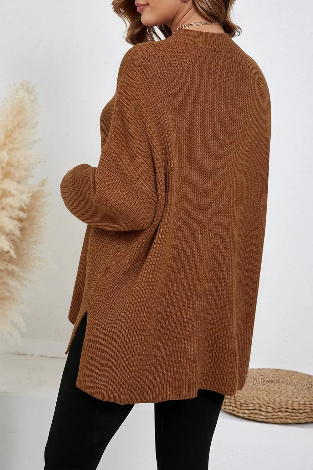 Women's Batwing Long Sleeve Oversized Sweaters Fall Loose Fit Knitted Side Slit Pullover Tops