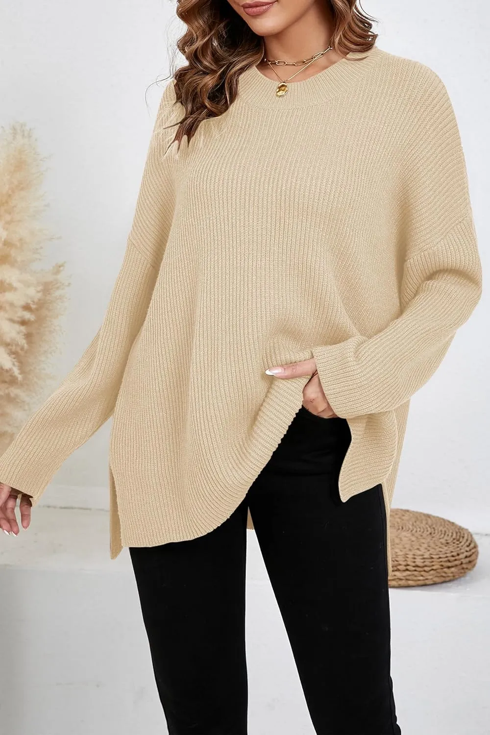 Women's Batwing Long Sleeve Oversized Sweaters Fall Loose Fit Knitted Side Slit Pullover Tops